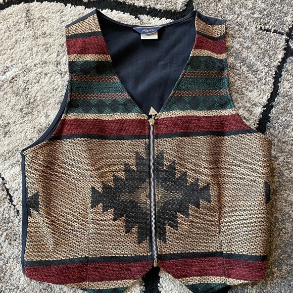 Roper Jackets & Blazers - Vintage Ladies Southwestern Tapestry Zip Front Vest in Burgundy, Green & Tan Med